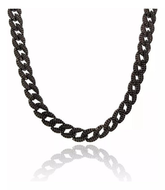 Cadena Unisex Barbada Semihueca Grosor 10mm Plata Italiana Con Rodio Negro