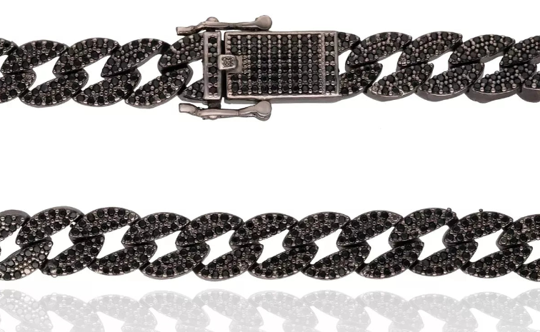 Cadena Unisex Barbada Semihueca Grosor 10mm 50cm 75gr Plata Italiana Con Rodio Negro